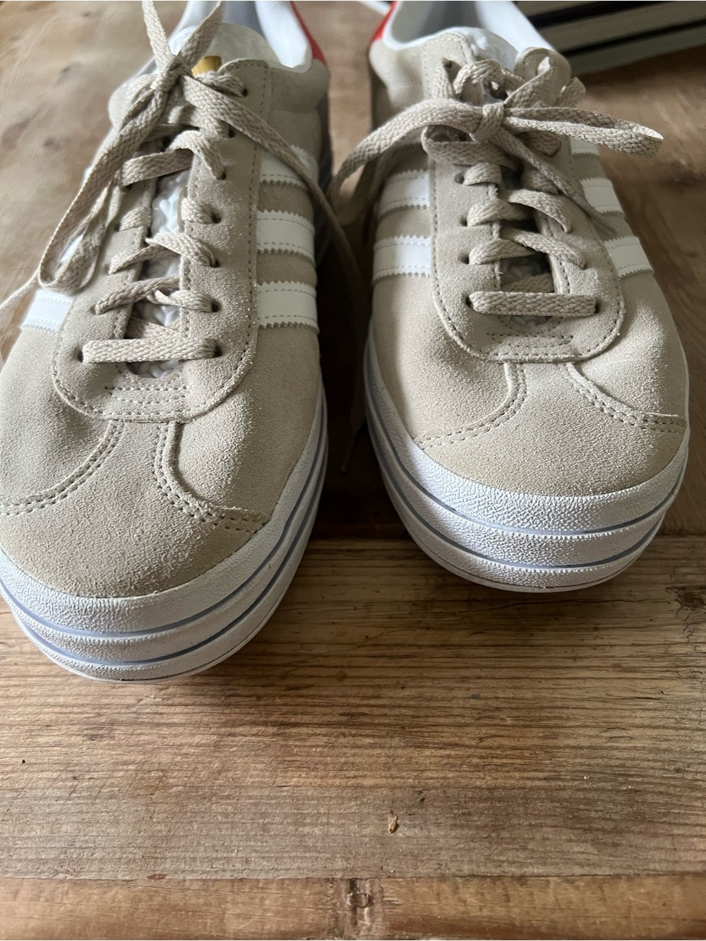 adidas Beige Suede Platform Sneakers with White Stripes and Red Heel - Picture 13 of 13
